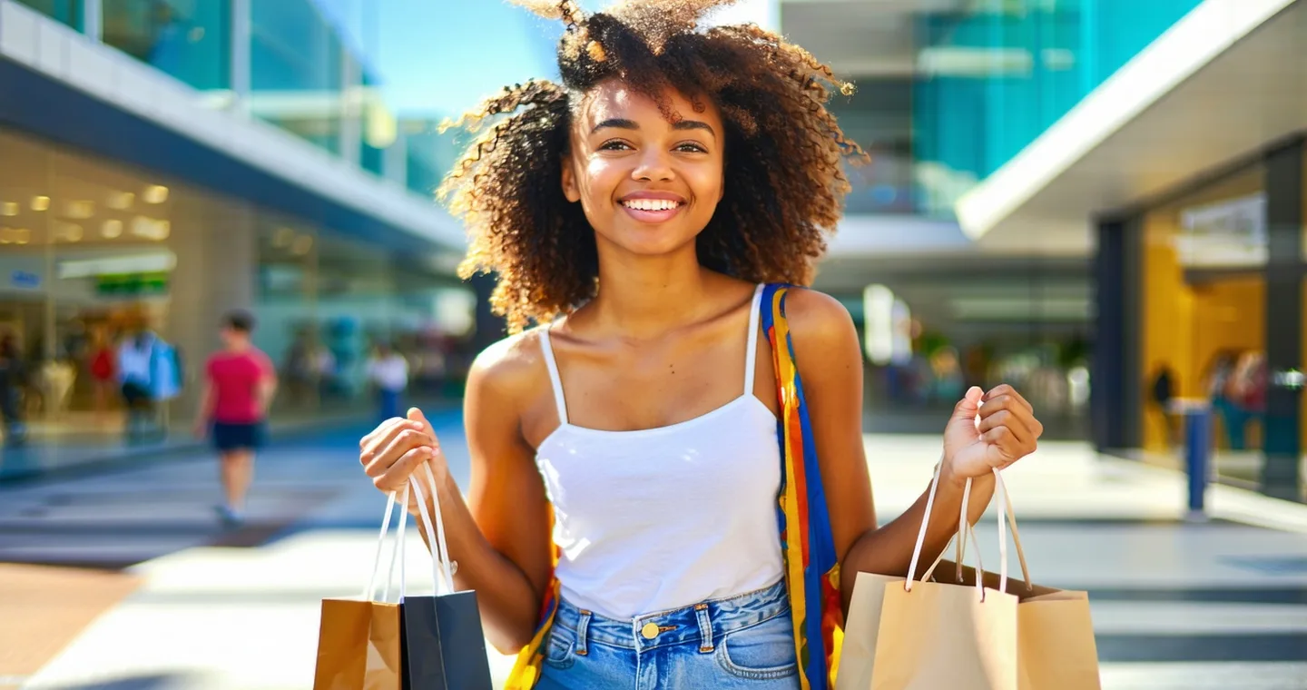 Young South African woman smiling while holding shopping bags, Cape Town V&A Waterfront area in background